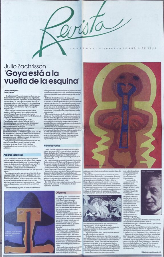 Recorte de prensa: Julio Zachrisson, «Goya está a la vuelta de la esquina», La Prensa Revista, 1996
